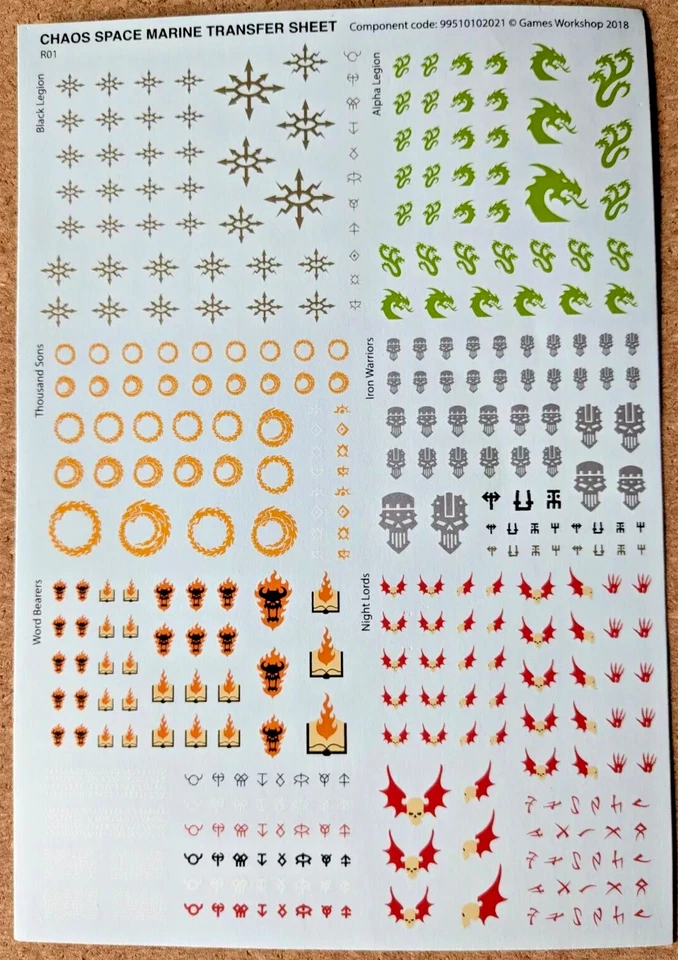 GAMES WORKSHOP Warhammer 40k Chaos Space Marine - TRANSFER SHEET -