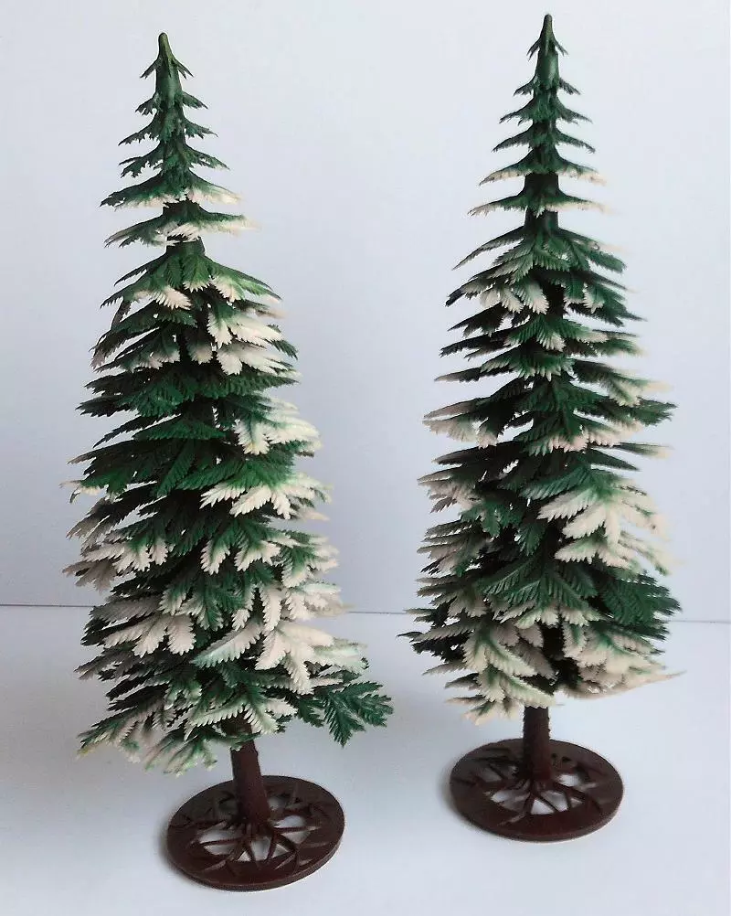 2 Vintage Empire Made Plastic Snow Flocked Pine Christmas Trees 8 1 2