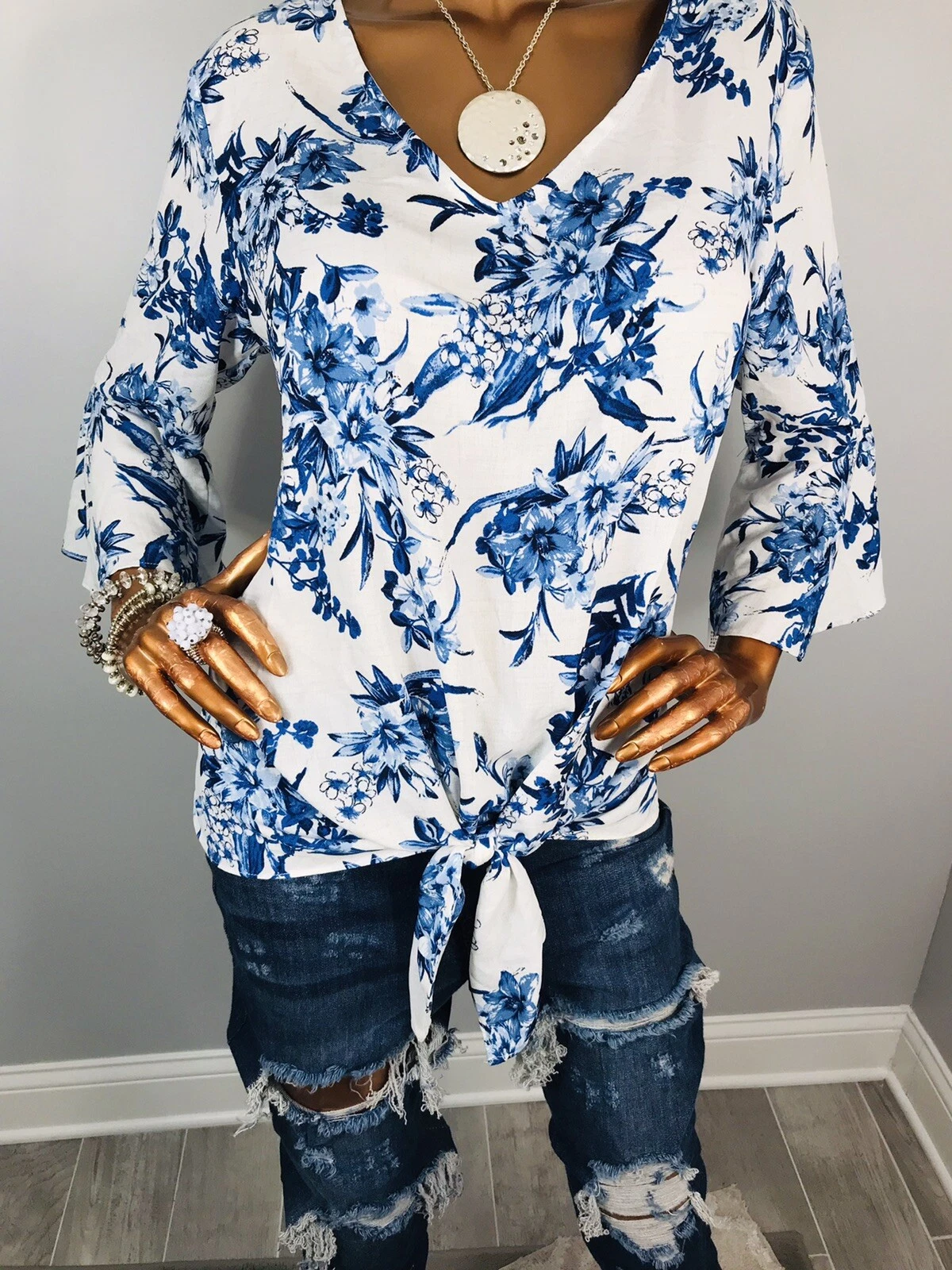 Top ALYX L nuovo con etichette $49 floreale 3 4 campana orlo slvs cravatta davanti camicetta morbida taglio basso trasparente