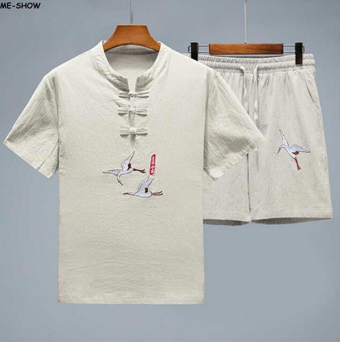 Men's Short Sleeves Shirts Cotton Linen Tops Pants Tang Suit Summer Shorts Relax - Picture 24 of 24