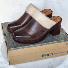 Born Sz 11 Hope Chocolate Full Grain Brown Leather Shearling Heeled Clog Mules