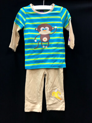 Baby pajamas Sozo boy two piece set stripes green blue monkey banana 6-12 months