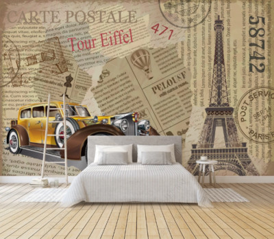 3D Retro Classic Car Paris Self-adhesive Removeable Wallpaper Wall Mural