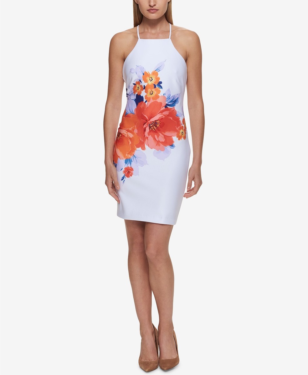 guess orange flower dress Guess Womens Floral Print Sleeveless Scuba Dress White 4