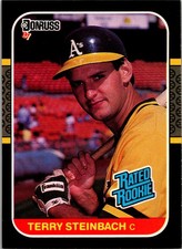 1987 Donruss Baseball #34 Terry Steinbach Rated Rookie RC MLB Card Oakland A's. rookie card picture