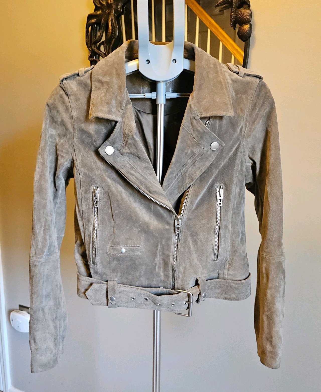 BlankNYC Suede Moto Jacket Womens Large Beige Cropped Biker Leather Belted Zip