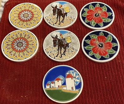 Set Of 7 Coasters w/Wooden Holder Multicolor Ceramic Greece CERP2-646