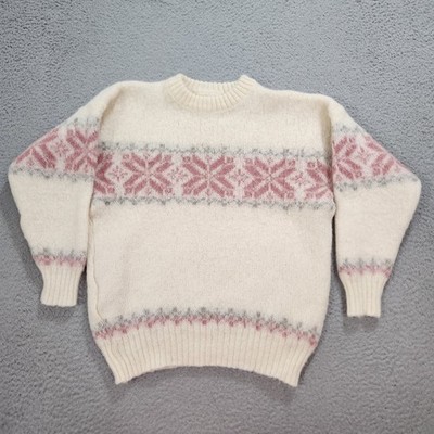 Ice Knit Sweater Womens Small White Off Ivory Pink Fair Isle Wool Icelandic Made