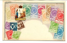 South Australia early 20th C unused colour Post Card of stamps & Crest of S Aust