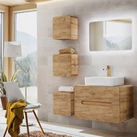 BadezimmermöBel Set In Wotaneiche Waschtisch HäNgeschrank Led-Spiegel GäSte-Wc