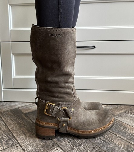 PRADA BIKER Cowboy Damen Leder Wildleder Stiefel Größe 36 BRAUN - Bild 10 von 20