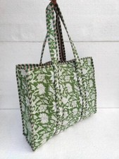 Indian Green Floral Printed Quilt Shoulder Bag Women's Beach Cotton Handbag US