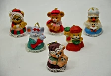 6 Vtg Jasco CARING CRITTERS CHIMERS Christmas Bisque Porcelain Bell ORNAMENTS