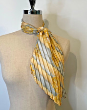 Vintage Accordion Fold Oblong Skinny Scarf- Yellow  Pale Grey/Blue W/ Flowers
