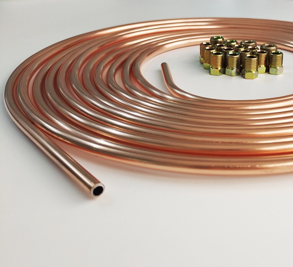 1/4 OD Iron Plating Copper Brake Line Tubing Kit 25 Ft Coil Roll W/ 16 Fittings - Foto 4