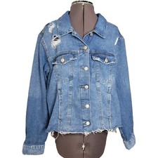 Kenzie Jeans Blue Denim Jacket Womens Size Xl Distressed Cropped Button Raw Hem