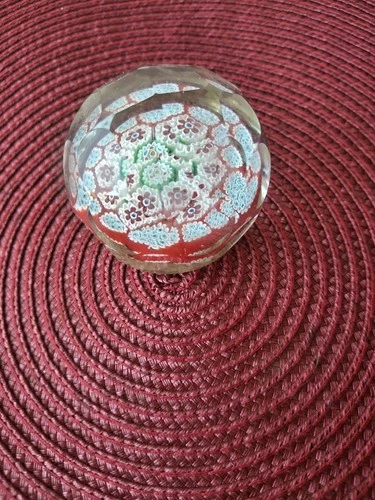 Vintage Murano Glass Millefiori Style Floral Pattern Red Blue White Paperweight