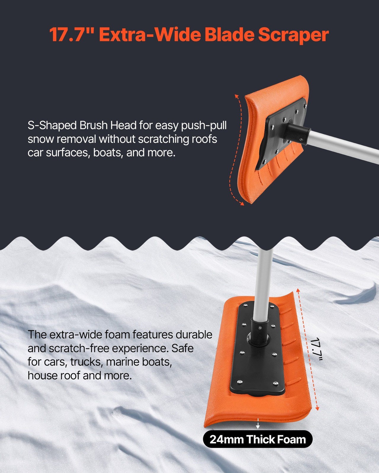 17.7in Foam Blade, 7.3-18.4ft Adjustable Lightweight Snow Roof Rake Tool