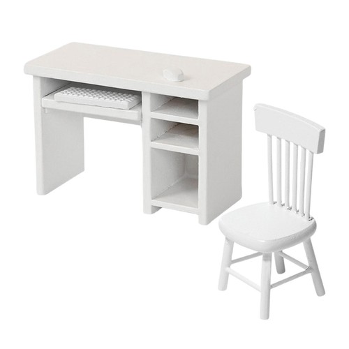 1:12 Miniature Computer Desk and Chair Set Toy Painted Study Table and Chairs - Picture 7 of 7