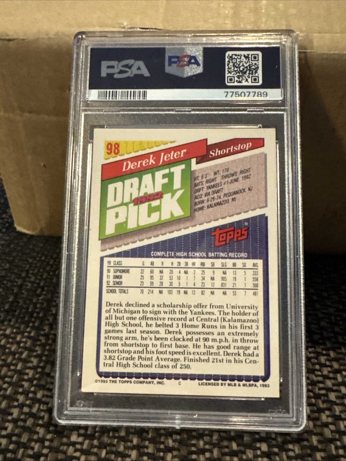1993 Topps Derek Jeter #98 PSA 9 MINT Iconic Rookie RC HOF NY Yankees MINT view 3