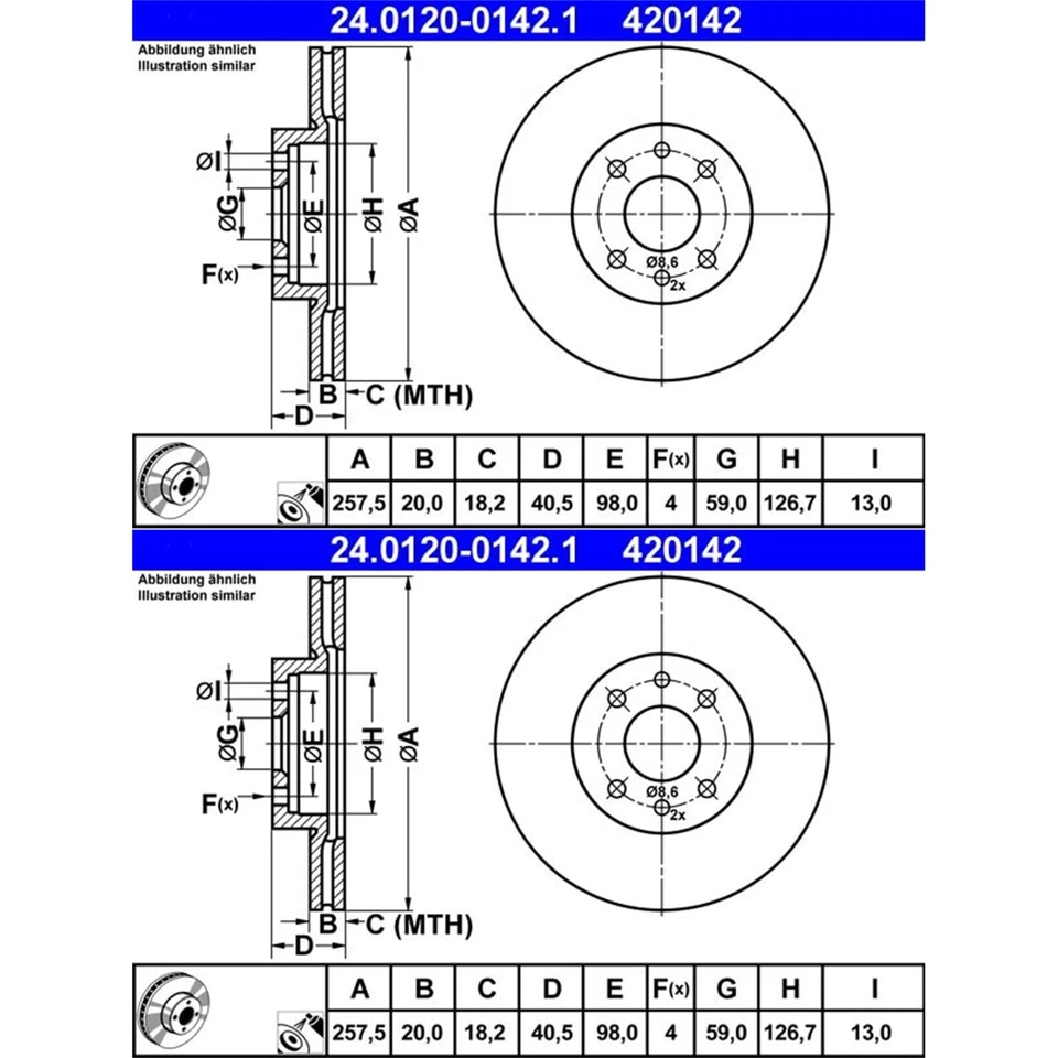2X ATE Disques de Frein 257,5mm Ventilé Avant Pour Alfa Romeo 145 146 155 - Photo 2/4
