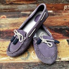 Lands' End Purple Suede Moccasin Loafers Shearling Lined House Shoes Slippers 7