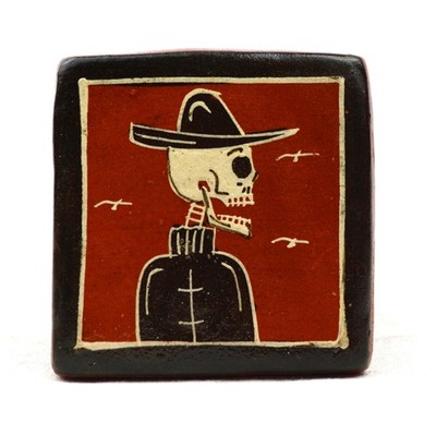 Javier Ramos Lucano Tonala Mexico Sombrero Skeleton Folk Art Tile 3''x3''