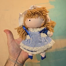 VTG Handmade Rag Doll Blue Dress White Bonnet Lace Small Cloth Plush 6x7 Inches