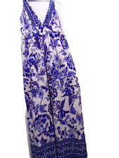 Maxi Sun Dress Blue Print Women's Size M Sleeveless White & Coastal Blue Resort