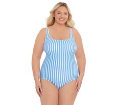 Time and Tru Women's Pique Square Neck One Piece Swimsuit Size 2X Blue Striped