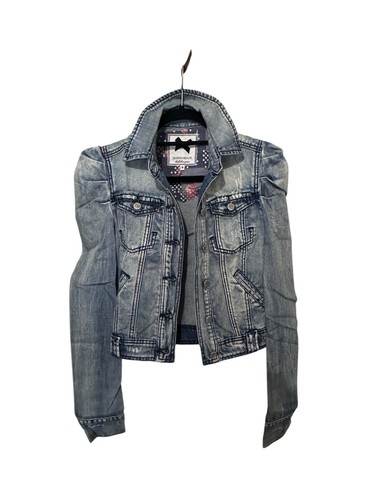 Silvian Heach Blue Denim Jacket Distressed Crystals Logo Puff Shoulder Cropped M - Picture 3 of 20