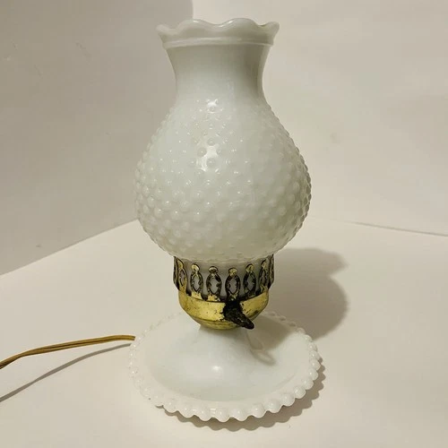 Vintage White Milk Glass Hobnail Electric Boudoir Hurricane Lamp 11 Inch