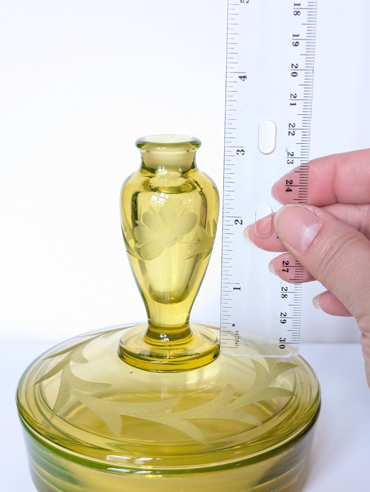 Antique Vaseline Art Glass Fostoria Etched Vanity Powder Jar Perfume Bottle Lid 