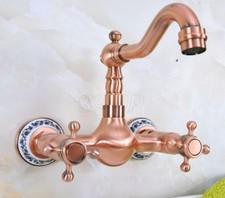 Antique Red Copper Wall Mount Dual Handle Bathroom Faucet Vessel Sink Mixer Tap