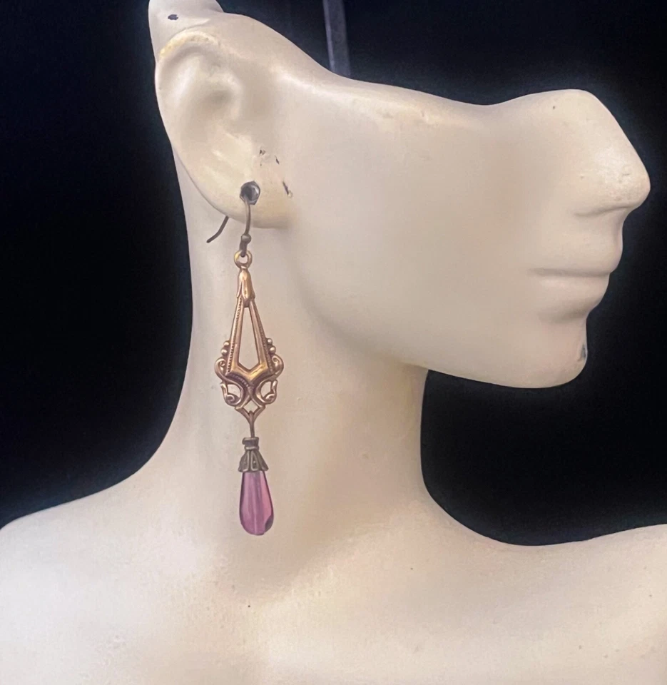 Art Nouveau Earrings Brass Filigrees W/ Antique Amethyst  Czech Glass Drops - Image 4 of 4