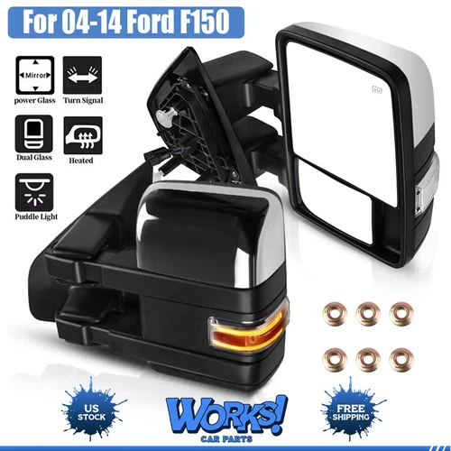 Power Heated Auxiliary Signal Puddle Tow Mirrors For 2004-2014 Ford F150 Chrome