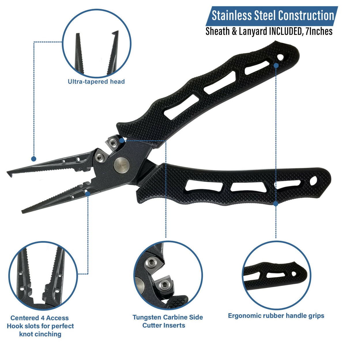 Amundson 7-Inch Stainless Steel Fishing Pliers - Saltwater Resistant With Line Cutter & Hook Remover