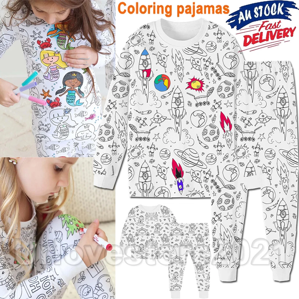 Kids Pajamas Set Coloring Sleepwear DIY Nightwear Boys Girls Cotton Shirt Pants