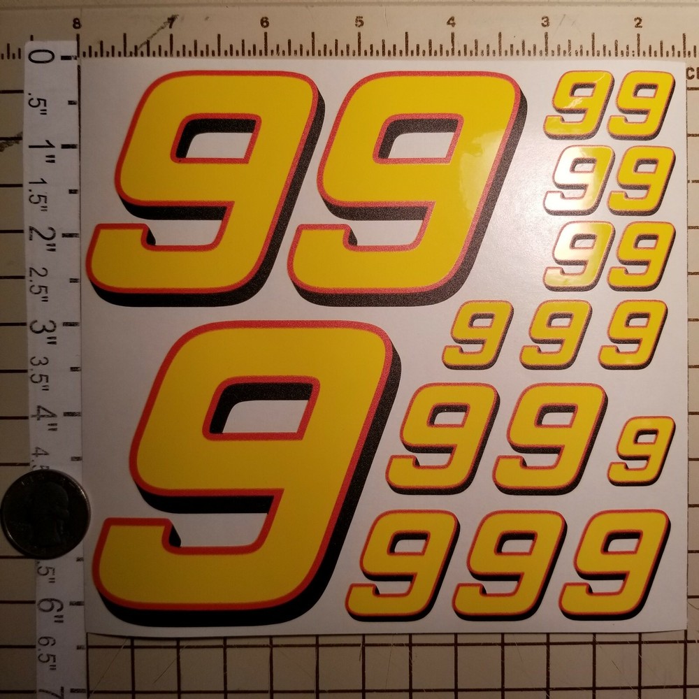 Yellow w/Red & Black #9's  Racing Numbers Vinyl Decal Sheet 1/10-1/12 r/c car