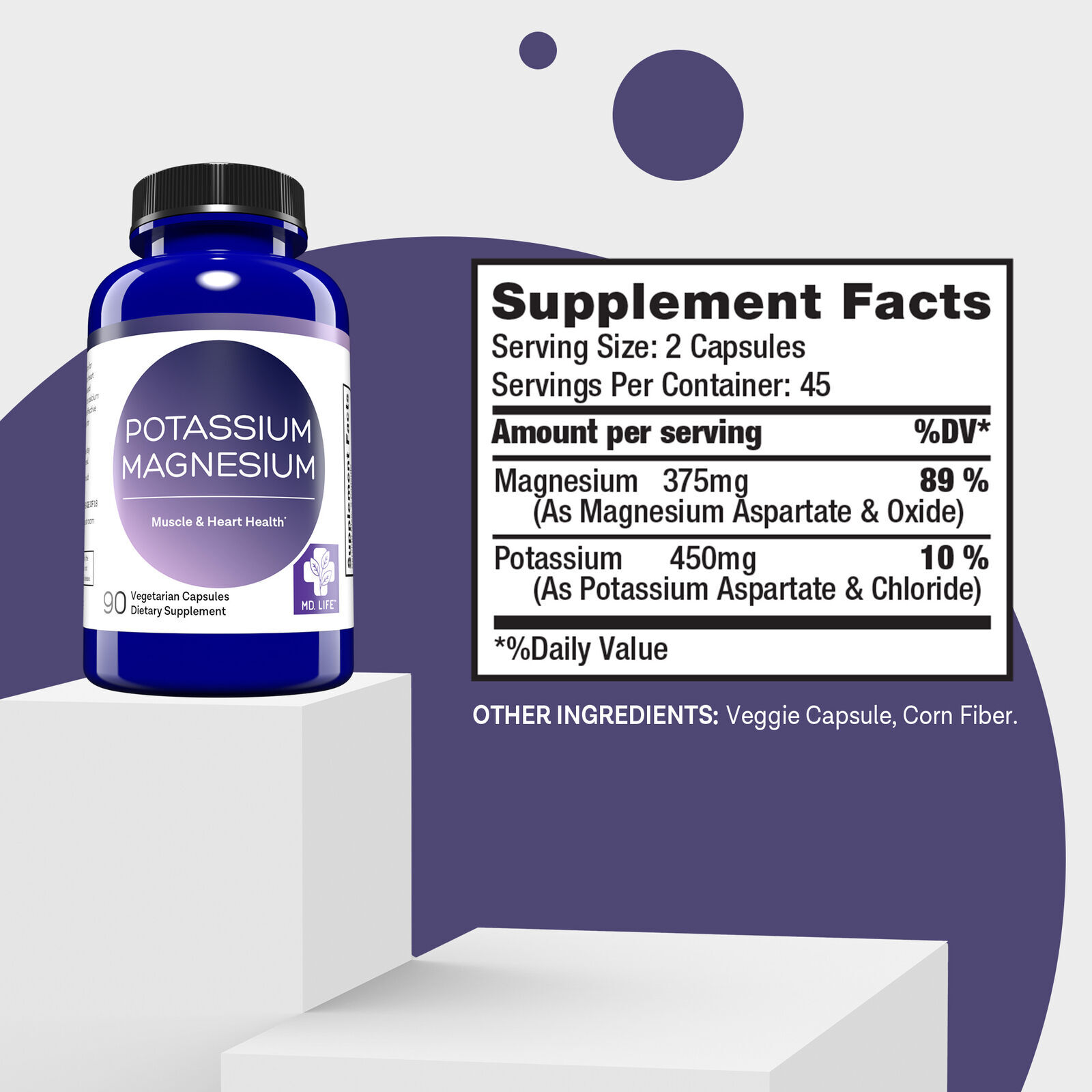 MD.Life Potassium Magnesium 90 Capsules Support Heart, Muscular, Nerve