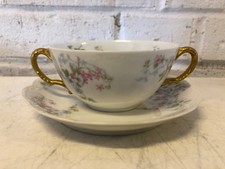 Ant Haviland Limoges Porcelain Bouillon Bowl Saucers Gold Handle Floral Dec.
