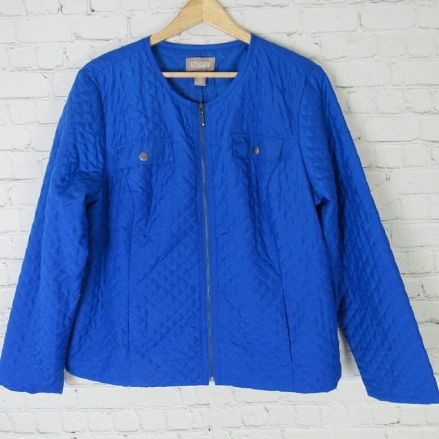 Chicos Jacket Womens Size 2 Blue Quilted Nancy LS eBay