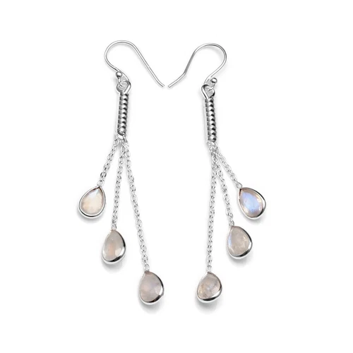 Natural Rainbow Moonstone 925 Sterling Silver Drop Dangle Long Chain Earring