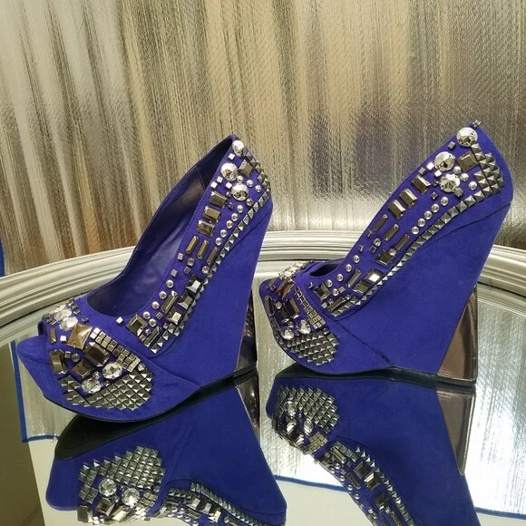 Wild Pair 'Gia' Purple Blue Jewel Bedazzled Wedges women mirror heels