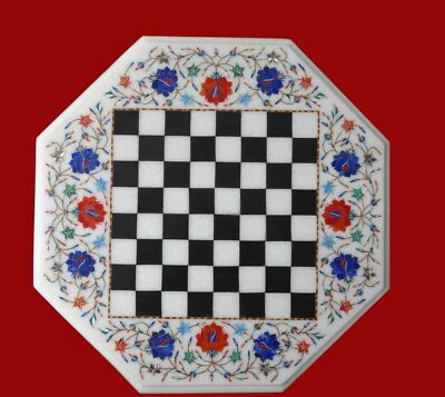 18'' White Marble Chess Table Top  Inlay Stone Lapis Handmade
