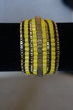 NEW Jenny Bird Gypset Cuff Wrap Gold Chain & Bead Bracelet Leather Crd Yellow 