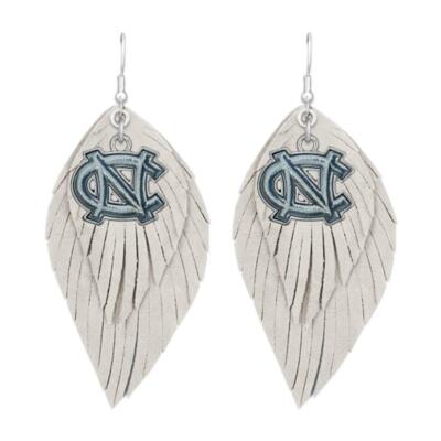 North Carolina Tar Heels White Blue Boho Leather Feather Earrings Jewelry UNC