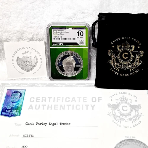Palau 2023 $5 1 Oz Silver Coin: The Chive-Chris Farley-NGC X-Proof 10 Ultra Cam