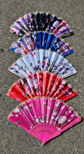 Fuchsia Pink Flowers Decorative Plastic Fabric Hand Fan Weddings Summer Foldable - Picture 2 of 5