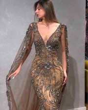 Crystal Rhinestones Mermaid Evening Dresses With Long Cape Luxury Beaded Long